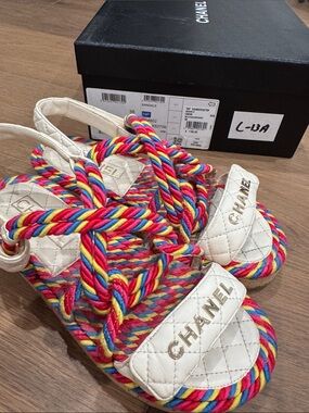 CHANEL AUTHENTIC Dad White Sandals with Red, Blue, Yellow & Pink Rope Accents